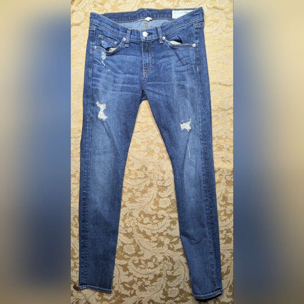 Rag & Bone Womens Cotton Zip Button Skinny Leg Distressed Jeans Blue Size EUR 29